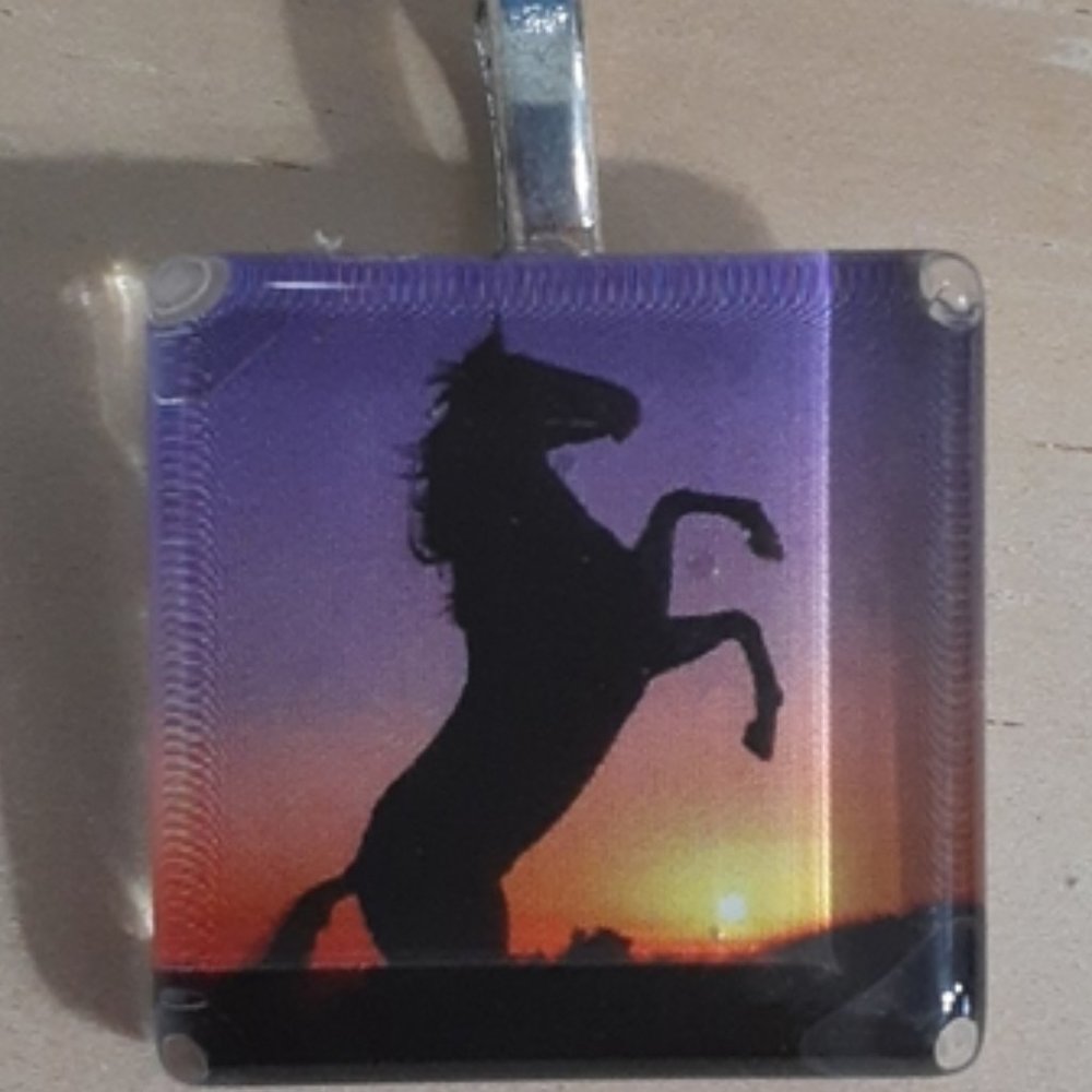 Hand Crafted Rearing Horse Glass Tile Pendant Equestrian Sunset Beach Gift